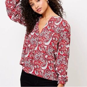 Womens Loft Red Paisley Split Neck V Neck Top Long Sleeves
